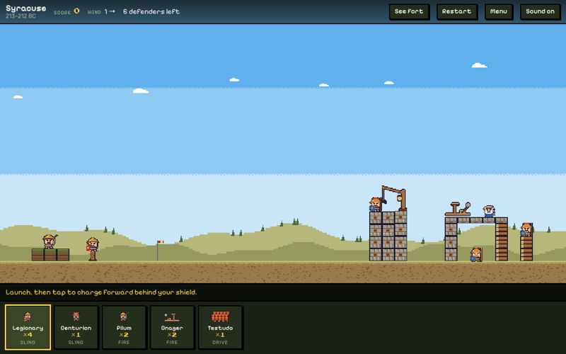 Angry Dudes: a Roman legionary at the slingshot faces a Greek fort with Archimedes' Claw on the wall
