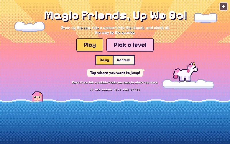 Magic Friends title screen: a mermaid in the sea and a unicorn on a cloud under a sunrise