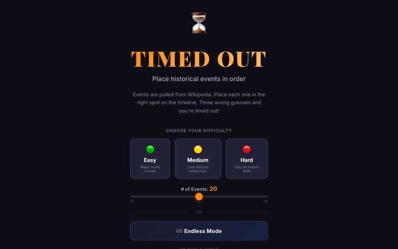 Timed Out title screen: an hourglass and a choice of Easy, Medium or Hard
