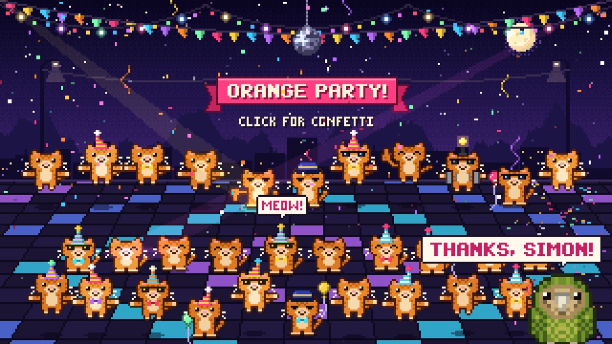 The Orange Party: rows of pixel-art Oranges in party hats dancing on a rooftop, and a kākāpō in the corner saying Thanks, Simon!