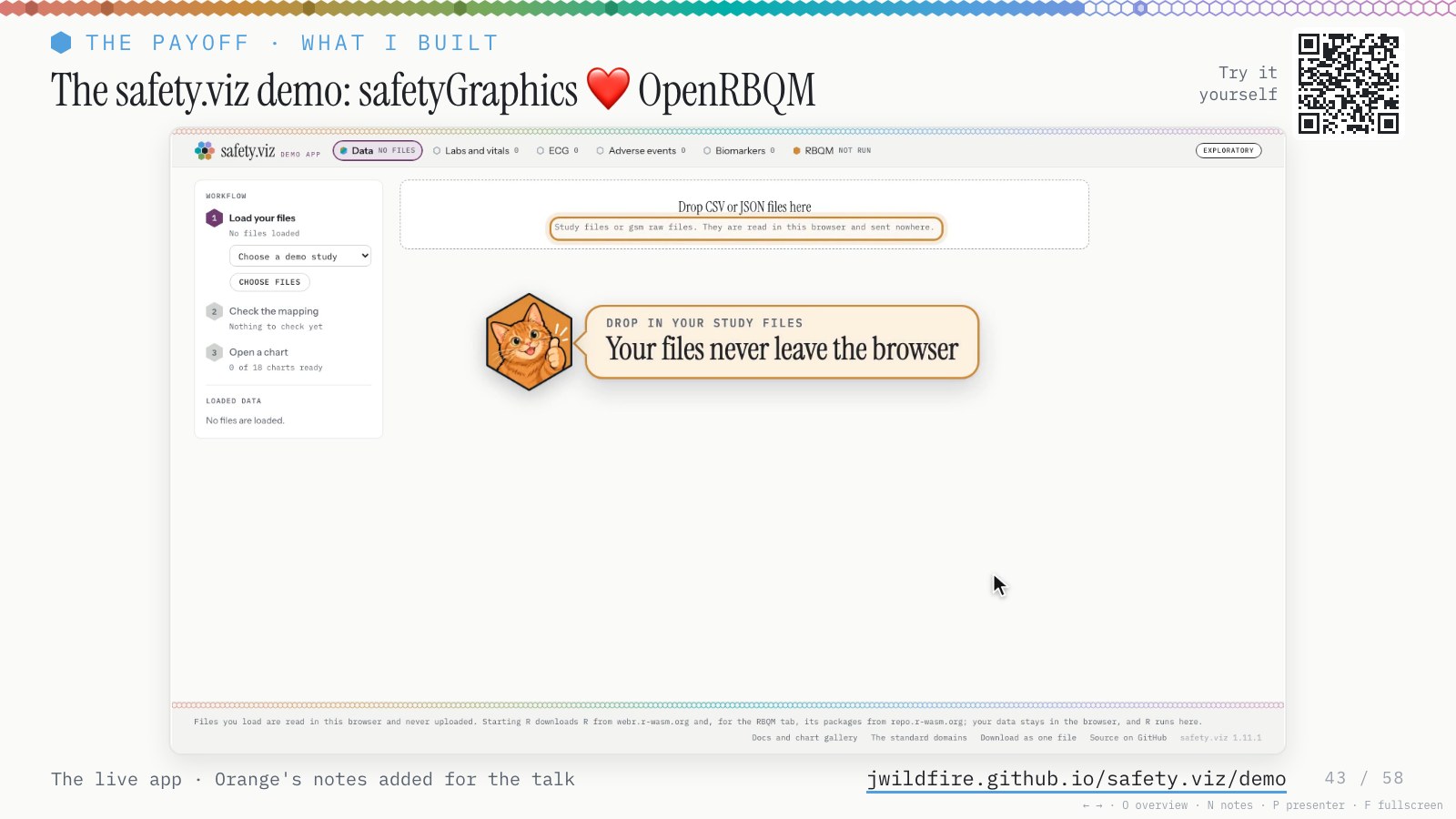 The safety.viz demo: safetyGraphics ❤️ OpenRBQM. The live app, with Orange's notes added for the talk, and a QR code for jwildfire.github.io/safety.viz/demo.