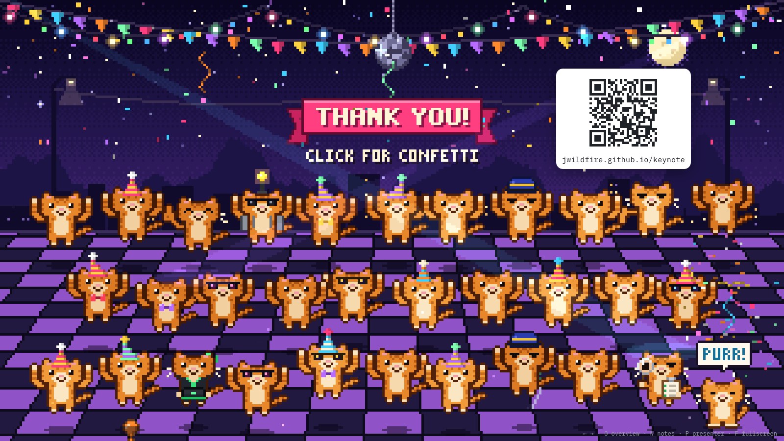 Thank you! A pixel-art party of Oranges, with a QR code for jwildfire.github.io/keynote.