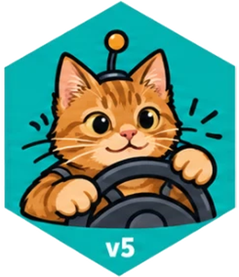 obot v5 as a robot cat with a steering wheel
