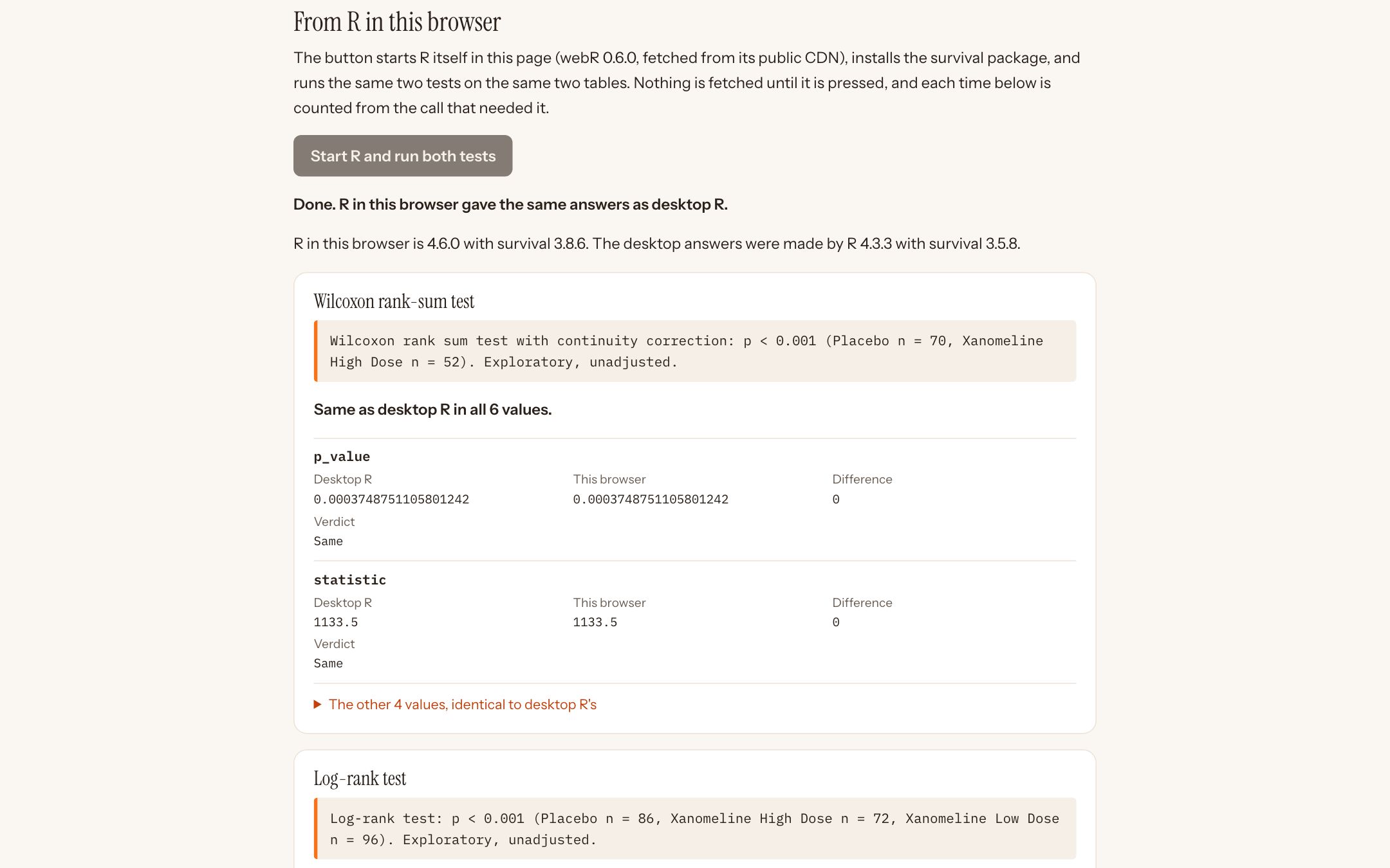 The R check page after pressing Start R and run both tests: Done, R in this browser gave the same answers as desktop R. R in this browser is 4.6.0 with survival 3.8.6; the desktop answers were made by R 4.3.3 with survival 3.5.8. The Wilcoxon rank-sum test’s p-value and statistic are listed for desktop R and this browser with a difference of 0.