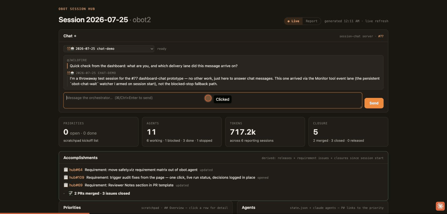 Recording: selecting a target session, typing a prompt on the dashboard, and the reply streaming back