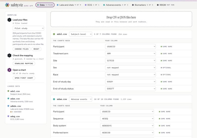 The safety.viz demo app's Data page: a workflow rail on the left, a drop zone and per-file mapping cards on the right