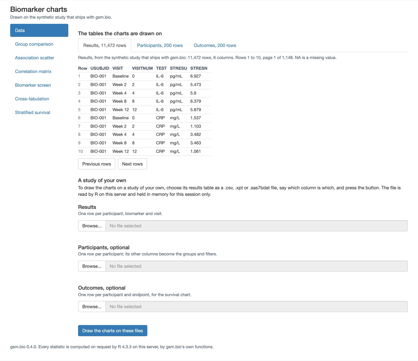 Today's Data page at 1280px: the same blue list, a row of tabs over ten rows of the results table, then three grey file boxes one under another and a blue button