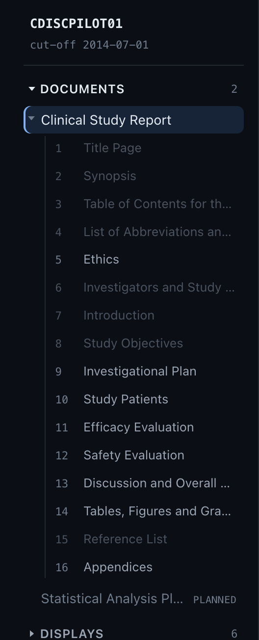 The sidebar expanded: all sixteen CSR sections nested under the document title, with unpopulated sections dimmed and the populated ones at full contrast.