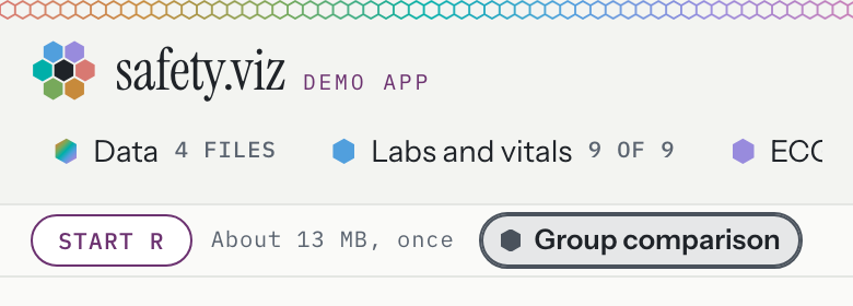 The app header on a phone on the Biomarkers tab: the Start R pill and its hint fill half the row of chart names
