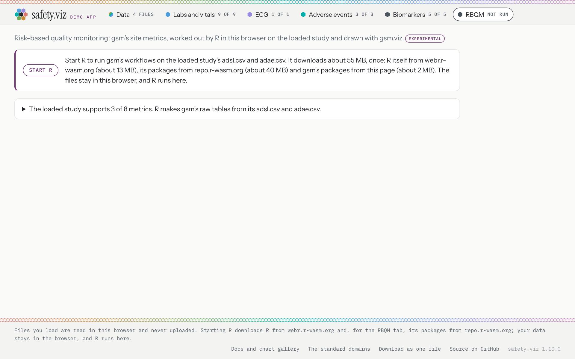The demo app on the pilot study with the RBQM tab open. A Start R button sits beside a sentence saying R will run gsm’s workflows on the loaded study’s adsl.csv and adae.csv and download about 55 MB once. Beneath it, a closed line reads: The loaded study supports 3 of 8 metrics.