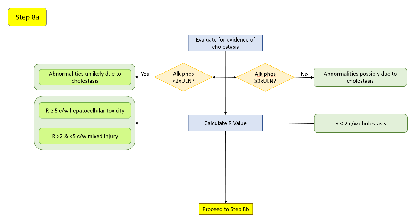Step 8a decision diagram: the alkaline-phosphatase cholestasis screen and the R-Ratio for a hyperbilirubinemia case.