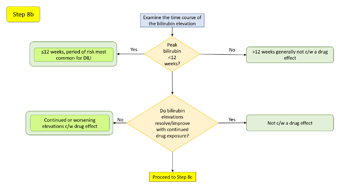 Step 8b decision diagram: whether peak bilirubin occurs within 12 weeks and whether it resolves with continued exposure.