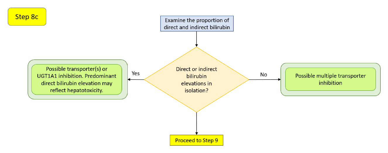Step 8c decision diagram: whether the bilirubin rise is predominantly direct (conjugated), indirect (unconjugated), or both, and the transporter mechanisms each implicates.